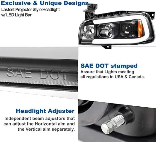 Vista 4 de Faros delanteros con proyector de tubo LED, color negro, compatible con Dodge Charger 2006-2010