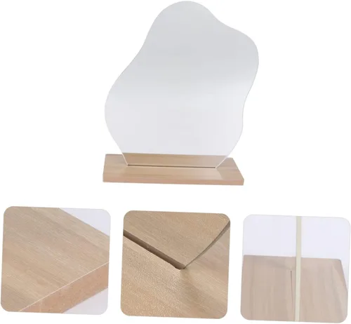Vista 6 de Espejo de maquillaje de escritorio irregular con soporte, espejo de tocador plateado estético para mujer, diseño compacto con función de aumento