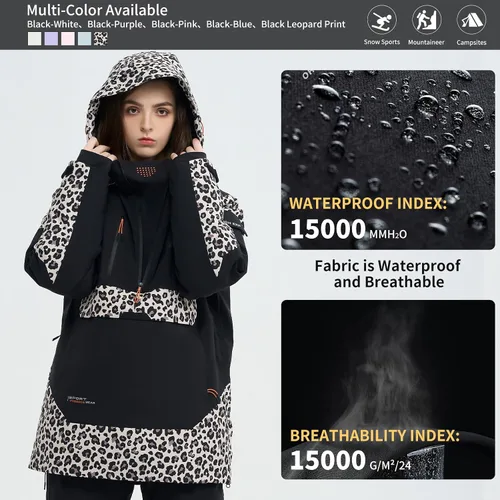 Vista 4 de Chaqueta de esquí Anorak de snowboard Abrigo sudadera holgada con capucha de nieve aislada impermeable cálido para mujeres y hombres