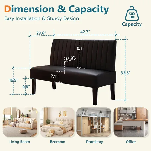 Vista 2 de Sofá biplaza sin brazos, sofá pequeño, piel sintética negra, moderno STHOUYN - Silla de gran tamaño para sala de estar, dormitorio, esquina