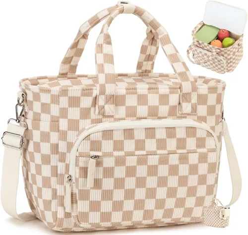 Vista 11 de Bluboon Bolsa de almuerzo para mujer, bonita bolsa de almuerzo de pana con correa para el hombro, reutilizable, aislada, gran capacidad