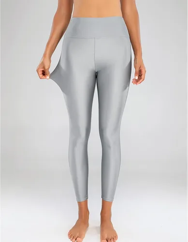 Vista 4 de Sghenr Pantalones de yoga de cintura alta para mujer, con control de abdomen, mallas deportivas brillantes para entrenamiento