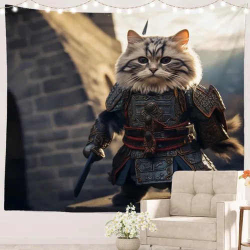Vista 23 de Batmerry Cat In Armor Polyester Tapestry, Cat Armor Sword Warrior Battle Shield Lightweight Wall Hanging High-Definition Print Backdrop For Dorm