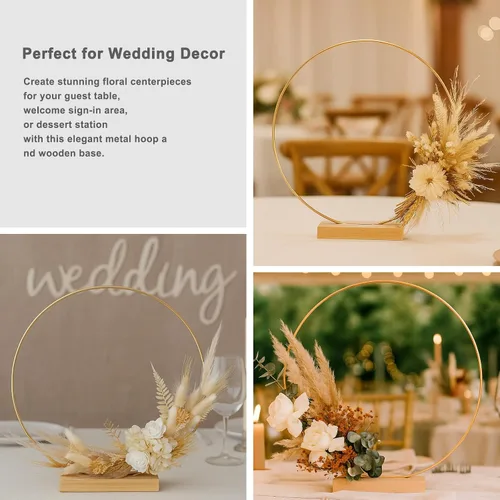 Vista 2 de Paquete de 10 aros florales con soporte de madera de 10 pulgadas, anillos de metal para centros de mesa de bricolaje, decoraciones de mesa