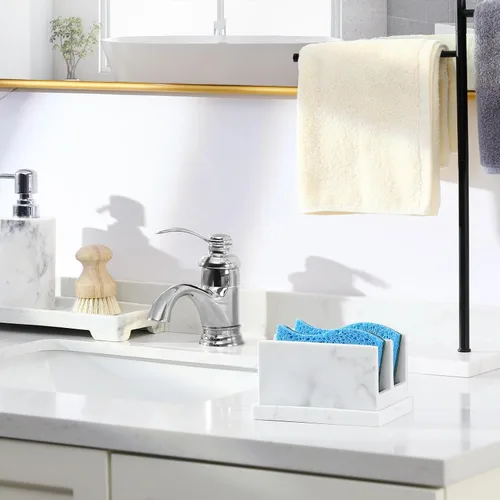 Vista 4 de Luxspire Soporte para esponja de cocina, soporte para esponja de platos con bandeja de drenaje, soporte de esponja de mármol para fregadero