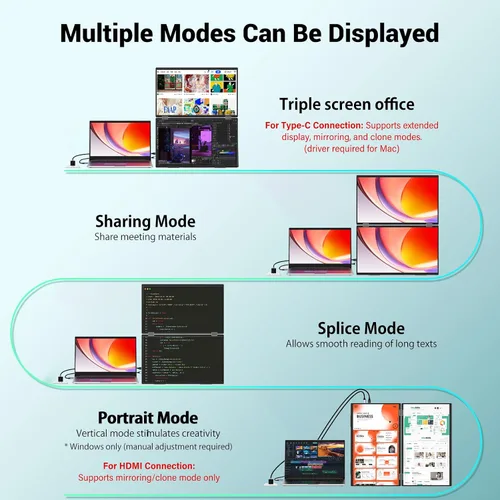 Vista 3 de InnoView Monitor portátil dual FHD de 15.6 pulgadas Diseño plegable y apilable todo en uno Ajuste de pantalla de 315° y soporte de 180°