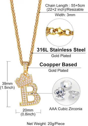 Vista 4 de Richsteel A-Z Crown Initial Necklace For Men Women 18K Gold Plated Shiny Cubic Zirconia Monogram Pendant with 22'' Chain+2'' (Extended) Fashion