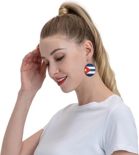 Vista 8 de Pendientes redondos para mujeres y niñas, con bandera cubana, aretes ligeros, Cuero sintético, No es una piedra preciosa