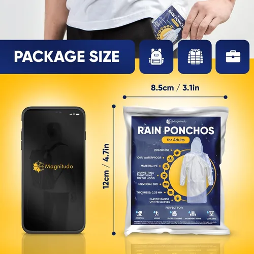 Vista 5 de Magnitudo 5 ponchos de lluvia para adultos Impermeable desechable grueso transparente impermeable con capucha y mangas elásticas para hombres