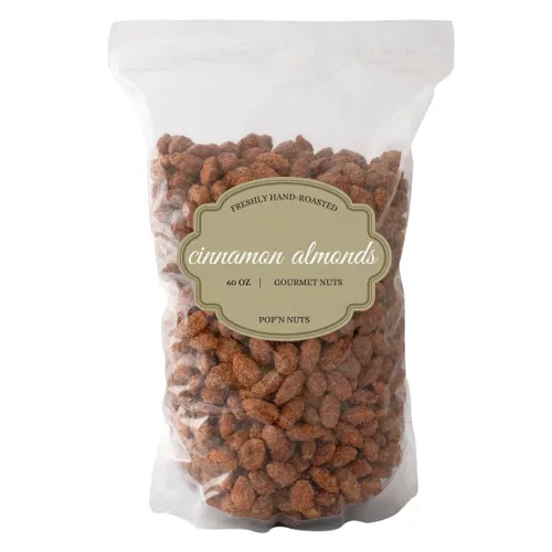 Vista 7 de Pop'N Nuts Almendras tostadas con canela, 24 onzas de nueces glaseadas dulces confitadas Roasted in a German copper kettle. Cinnamon, vanilla and