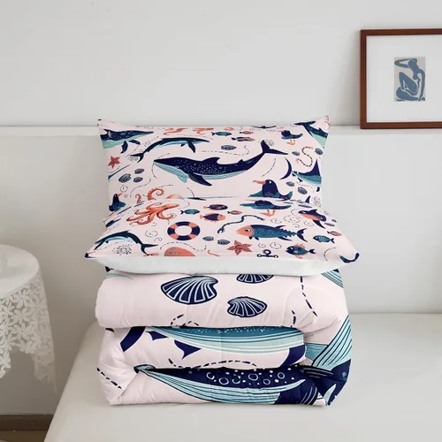 Vista 5 de Erosebridal Juego de edredón de animales costeros para niños y niñas, juego de ropa de cama de ballena de dibujos animados, tamaño individual, lindo