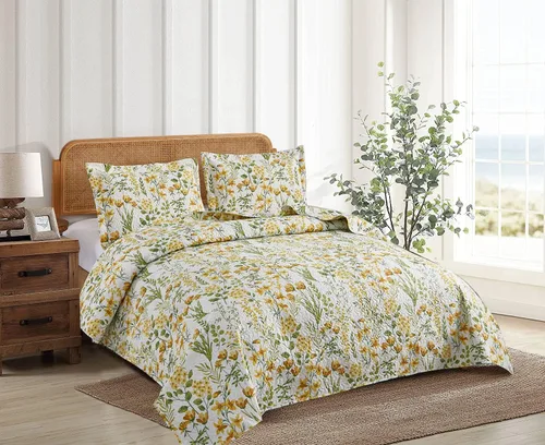 Vista 2 de Ycosy Juegos de Edredón Floral Tamaño Twin Reversible Colchas Cubrecamas de Campo Ligeras Edredón de Flores Amarillas Ropa de Cama Hojas Verdes