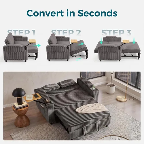 Vista 8 de LINSY HOME Sofá cama extraíble 3 en 1, sofá cama convertible de 58 pulgadas para sala de estar, mesa giratoria de 360°, reposabrazos de Gris