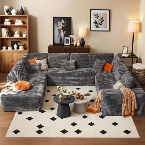 Vista 10 de HOOOWOOO Cloud - Sofás seccionales para sala de estar, sofá modular sin montaje, 110 x 79 pulgadas, de pana afelpada, juego de sofá grande