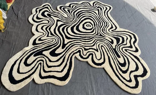 Vista 6 de Alfombra de forma irregular con patrón de ilusión copetuda a mano, 100% lana, hecha a mano (color multicolor, 4 x 4 pies)