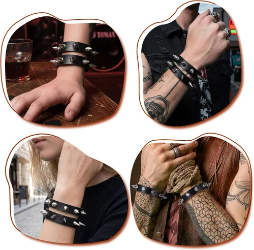 Vista 6 de 2 pulseras punk, pulseras con tachuelas de cuero, remaches góticos, pulsera ajustable con pinchos, pulsera de metal, accesorios punk