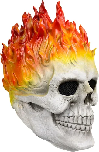 Vista 6 de Máscara de jinete fantasma, máscara de calavera de llama demonio, máscara de esqueleto de cara completa, casco de terror para Halloween