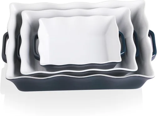 Vista 11 de Sweejar Cacerola para horno, fuente de cerámica para hornear de 9 x 13 pulgadas, utensilios para hornear con borde ondulado con asas, bandeja