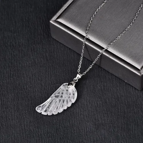 Vista 2 de Crystal Pendant Necklace for Women Men,925 Sterling Silver Chain Hand Carved Healing Stone Single Angel Wing Charms Jewelry Gifts Box