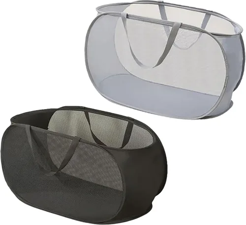 Vista 12 de 2 Piezas Cesta de Ropa Sucia Desplegable de Malla con Asas Duraderas Cestas de Lavandería Plegables Cesta de Ropa Plegable de Pástico para Cuarto
