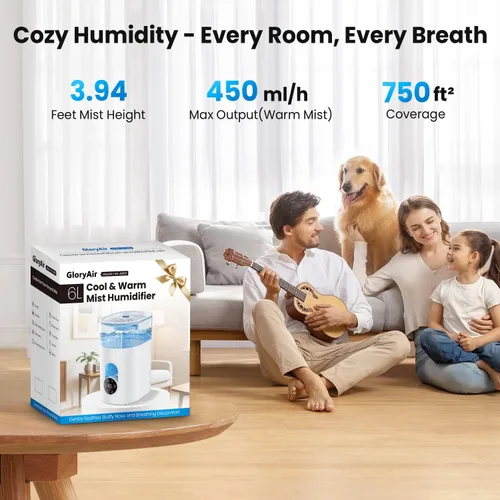 Vista 5 de Humidifiers for Bedroom Large Room Home - GloryAir 6L Quiet Top Fill Cool & Warm Mist Humidifier with Smart Humidity Control, Remote Control, White