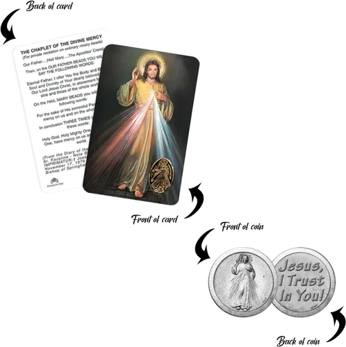 Vista 5 de Trendzeen Coronilla de la Divina Misericordia - con medalla en relieve, ficha de Jesucristo, tarjeta de oración del Señor Ficha de bolsillo