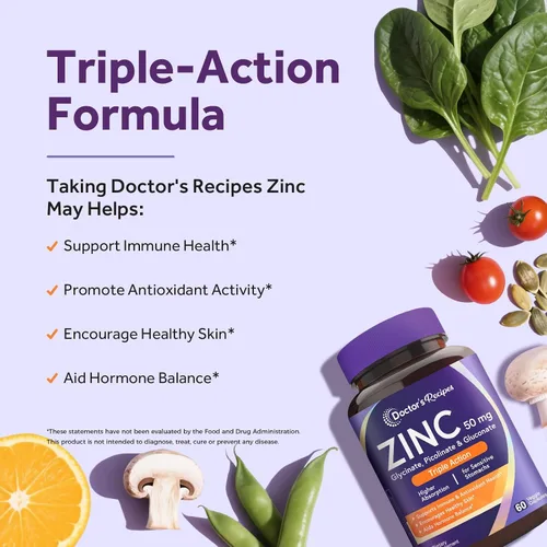 Vista 3 de Doctor's Recipes Suplemento de zinc de 50 mg, apoyo inmunológico de triple acción, picolinato de zinc quelado, glicinato y gluconato, una vez al día