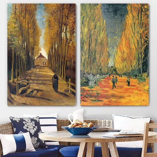Vista 2 de wall26 - Les Alyscamps (Avenue in Arles) / Avenue of Poplars in Autumn de Vincent Van Gogh - Reproducción de pintura al óleo en juego de 2