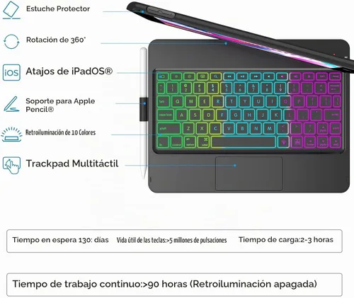 Vista 3 de HOTLIFE Funda de teclado para iPad 10.2 de 9ª/8ª/7ª generación, teclado táctil para iPad de 9ª generación, 8ª generación, 7ª generación, funda Negro