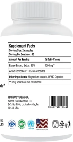 Vista 5 de Panax Ginseng Extra Fuerza 10% Ginsenósidos 1000 mg por porción 90 cápsulas vegetales Suministro para 45 días