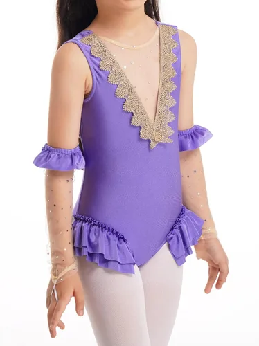 Vista 3 de YiZYiF Disfraz de trapecio de circo para niñas, inspirado en princesa, tutú con volantes, leotardo para cosplay, con mangas para los brazos