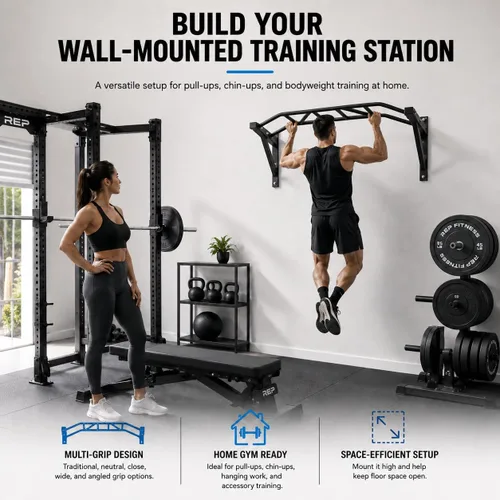 Vista 7 de REP Barra de dominadas montada en la pared para gimnasios en casa o garaje, barra recta o arco de agarre múltiple, ideal para kipping pull-ups