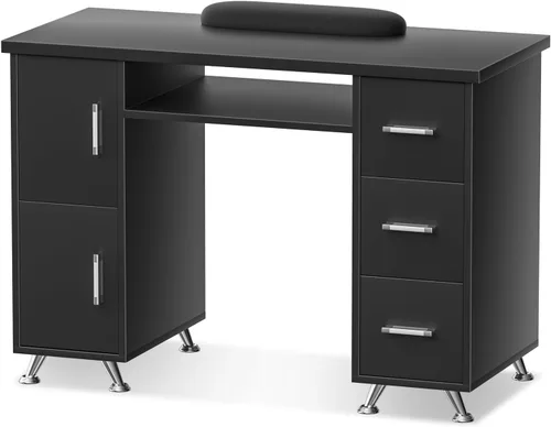 Vista 13 de Mesa de manicura, mesa de uñas, estación de mesa de uñas, resistente a acetona, cojín de muñeca, 3 cajones y 2 gabinetes Acetone-resistant
