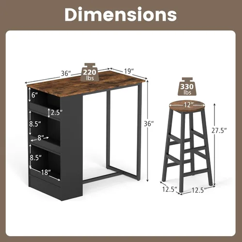 Vista 10 de COSTWAY Juego de mesa de bar de 3 piezas, juego de mesa de desayuno de con 3 estantes de almacenamiento, 2 taburetes redondos, juego de mesa