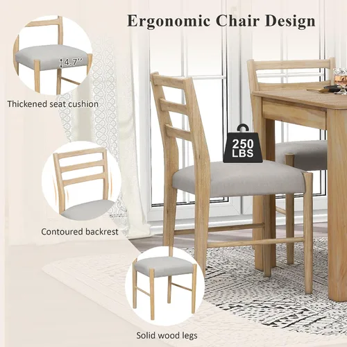 Vista 130 de Juego de mesa de comedor vintage de 6 piezas, juego de mesa de comedor de cocina de madera maciza con 4 sillas ergonómicas acolchadas y banco, mesa