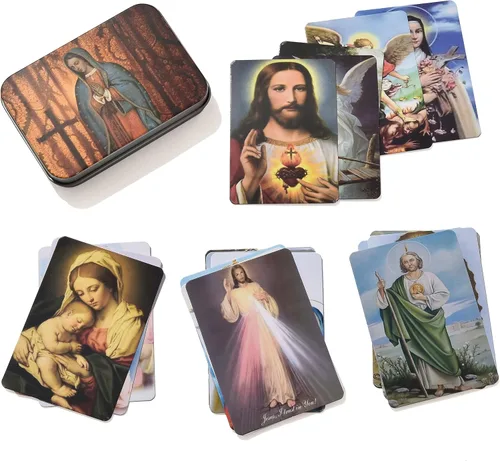 Vista 6 de SZQCZB Rosario - Collar católico con medalla del suelo sagrado Crucifijo con caja de metal y 18 tarjetas de oración
