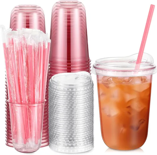 Vista 12 de Ziliny 25 juegos de vasos de plástico con pajitas y tapas de corazón rosa