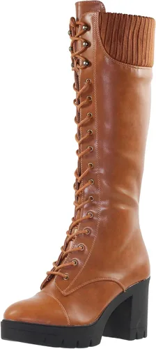 Vista 2 de Generation Y Botas de combate hasta la rodilla para mujer, con cordones, tacón grueso, cierre de cremallera