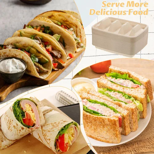 Vista 7 de 150 soportes desechables para tacos para fiestas, platos de taco de pulpa de bagazo de primera calidad, platos de tacos con 3 divisores, soporte
