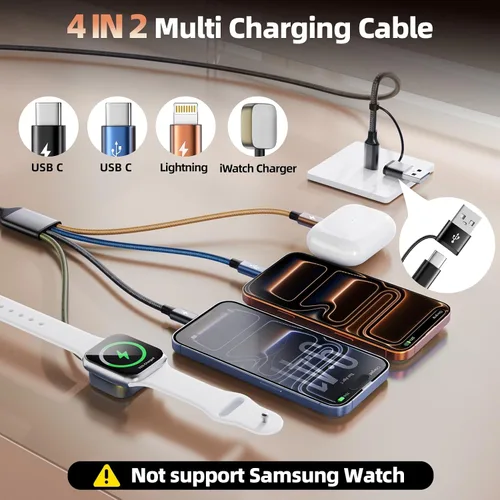 Vista 2 de Cruise Essentials 2026, doble tipo C 4 en 2 cable de carga múltiple para iPhone Watch Charger/iPhone 17/IP, cargador iWatch, artículos esenciales