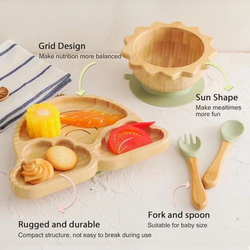 Vista 2 de let's make Juego de Platos y Cuencos de Bambú con Ventosa para Bebé y Niño Pequeño, Bandeja Dividida, Cuenco de Comida con Tenedor y Cuchara de Set