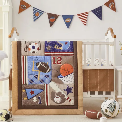 Vista 17 de Juego de ropa de cama para cuna de dinosaurio para niños, color azul, juego de ropa de cama de 3 piezas de alta calidad, juego de cuna de guardería