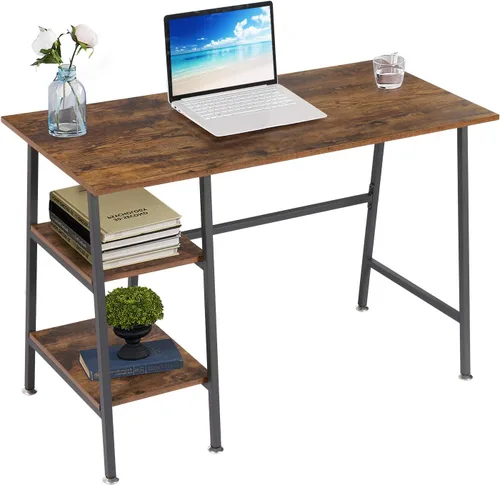 Vista 12 de VECELO Escritorio para computadora de 43 pulgadas, mesa de estudio, oficina, escritorio moderno con estantes, escritorio de madera para el Negro