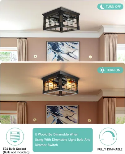 Vista 5 de Lámpara de techo de montaje empotrado estilo granja, 2 luces, lámpara de techo de granja, lámparas de cocina de esquina con enchufe E26, lámparas