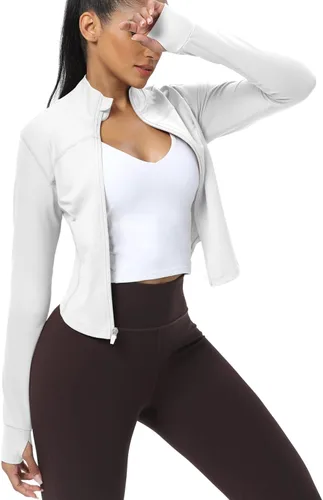 Vista 103 de AVGO Chaquetas de entrenamiento recortadas para mujer, con cremallera, ajustadas, atléticas, con agujeros para el pulgar