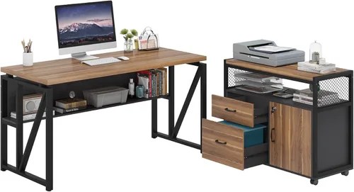Vista 9 de Tribesigns Escritorio en forma de L de 55 pulgadas con cajón, escritorio ejecutivo para computadora y archivador lateral, 2 piezas de muebles