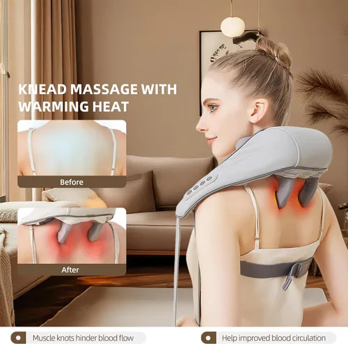 Vista 6 de Masajeador Shiatsu inalámbrico de cuello y hombros con calor - Masaje de amasamiento 6D, alivio del dolor de tejido profundo para trapecio, Gris