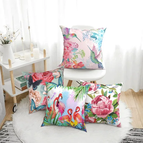 Vista 2 de Juego de 4 fundas de almohada de flamencos tropicales y flores rosadas, 18 x 18 pulgadas, diseño de peonías florales de mariposa, fundas de almohada