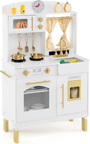 Vista 10 de Costzon Juego de Cocina para Niños, Juguetón de Madera de Pequeño Chef con 3 Alturas Ajustables, Barra de Toallas, Cortinas, Microondas, Estufas