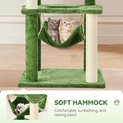 Vista 6 de Árbol para gatos de 61 pulgadas con hojas verdes, torre grande de varios niveles con hamaca, casa de felpa para gatos con juguete de bola colgante